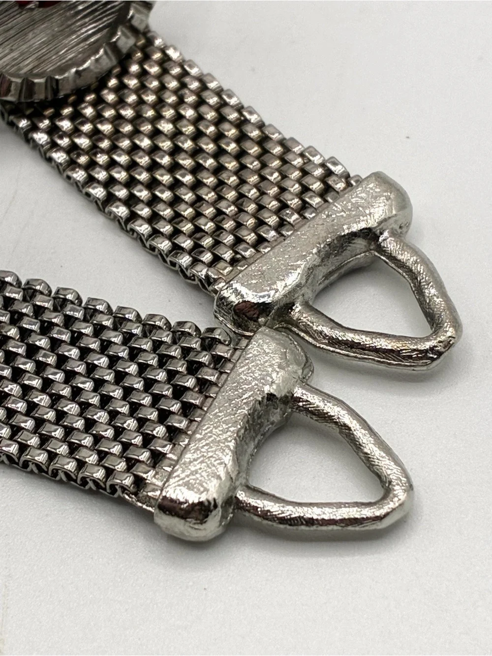 Vintage Silver Tone Mesh Cufflinks Red Rhinestone Wrap Around Formal